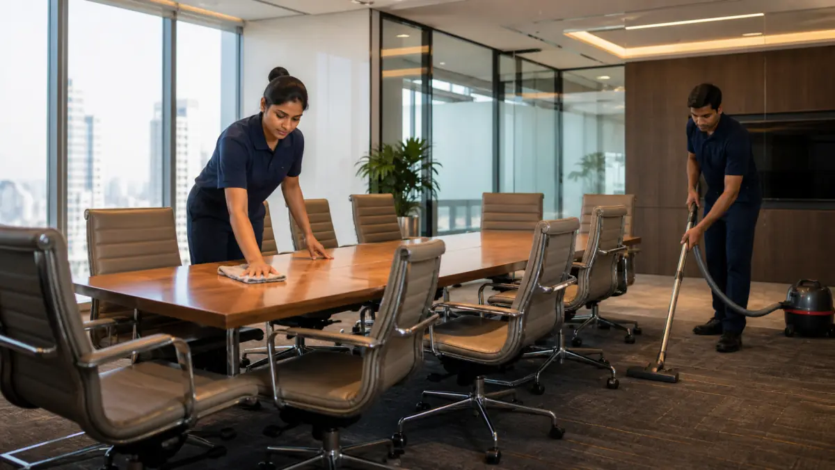 Ultra Clean Solution team cleaning a commercial meeting room