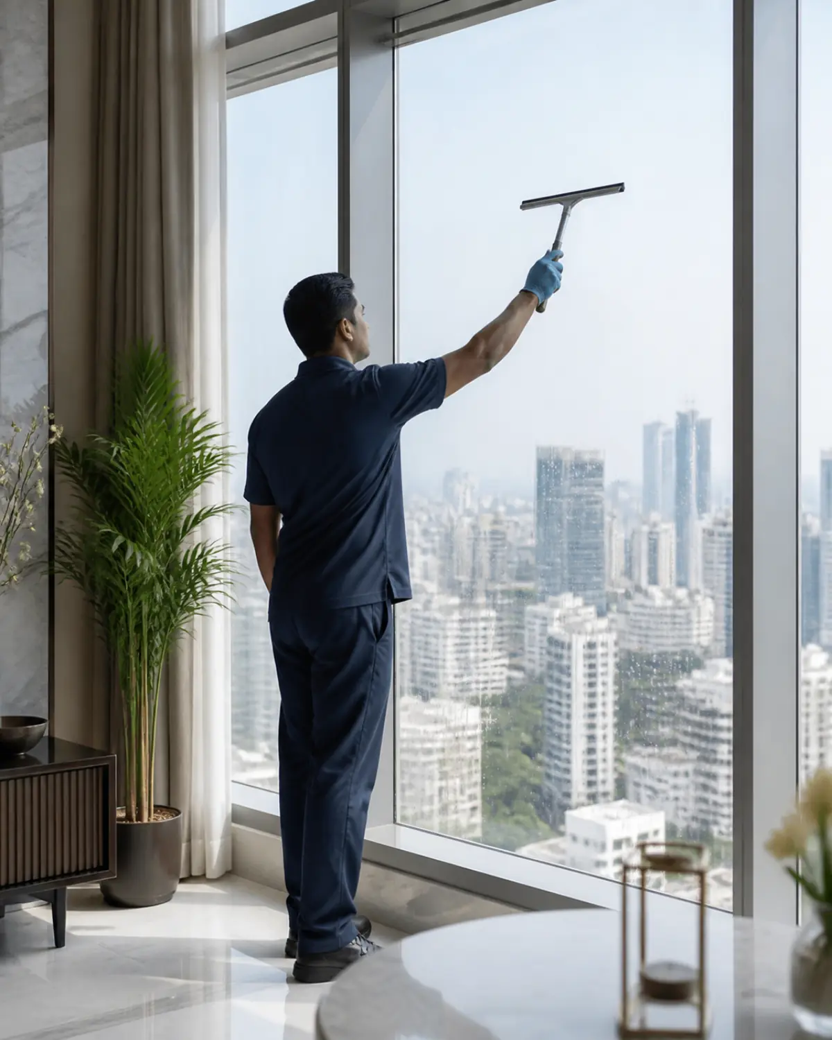 Cleaner washing a high-rise apartment window